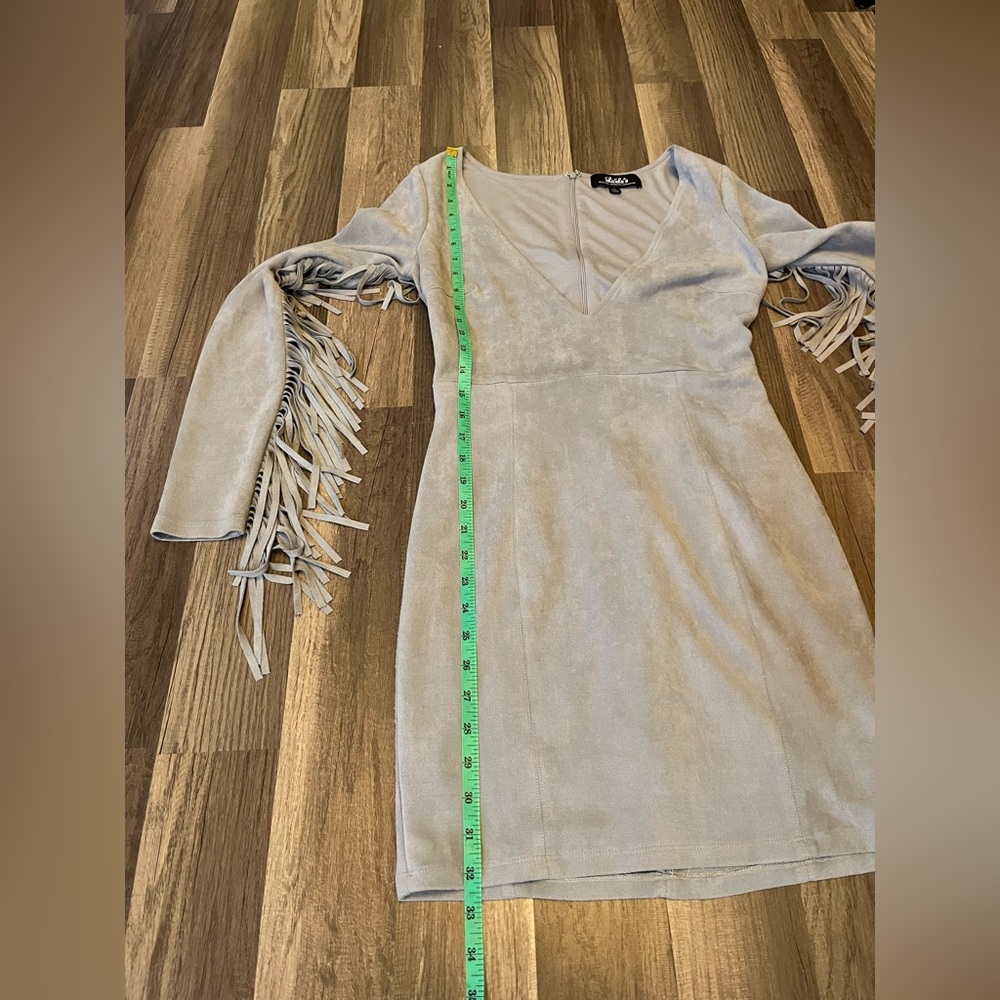 Lulu's Light Gray Fringe V-Neck Suede Mini Dress - Picture 12 of 16